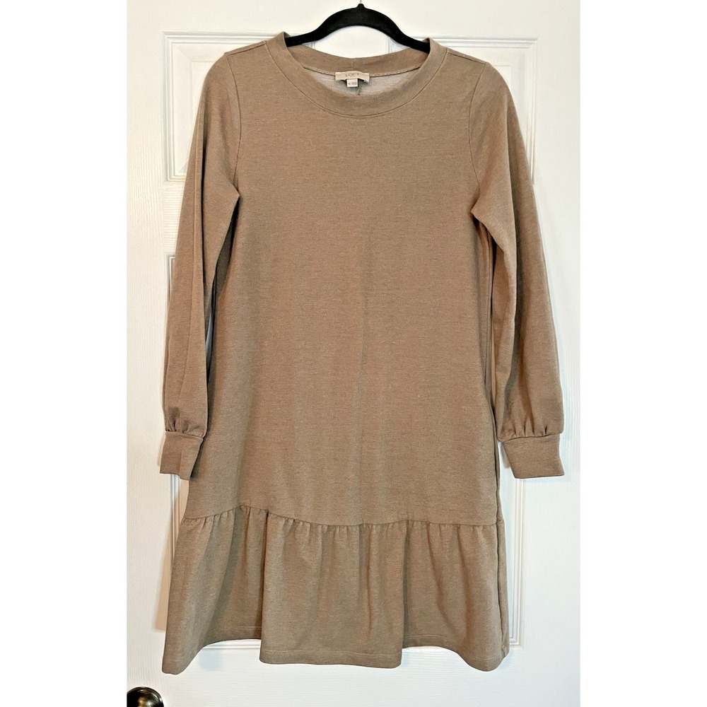 Ann taylor loft dress xs crew neck Shift dress tan ruffle comfort Cottagecore‎